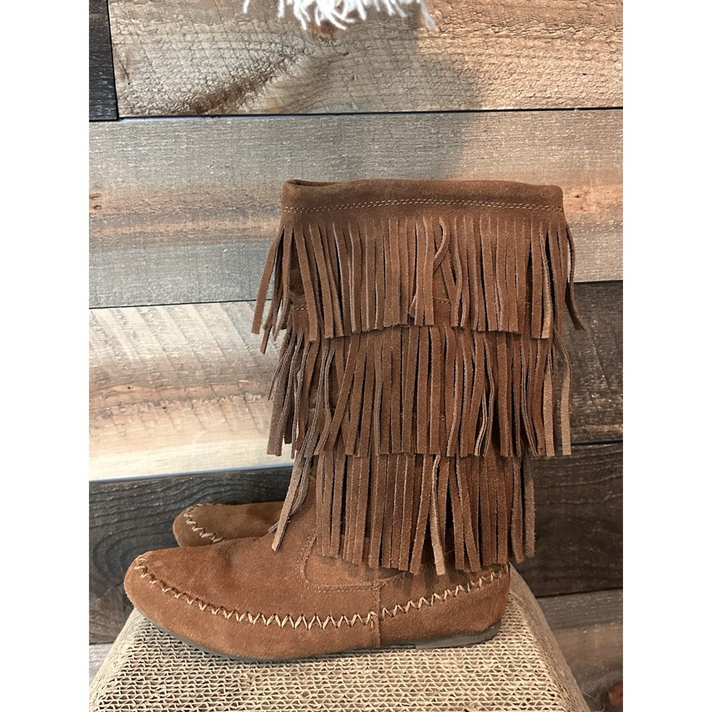 LC Lauren Conrad Size 8 Moccasin Boots Brown Suede Triple Layer Fringe